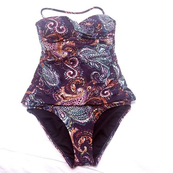 Ralph Lauren Captiva Paisley Two Piece Bandeau Tankini Swimsuit Purple Size 4 - Picture 2 of 12